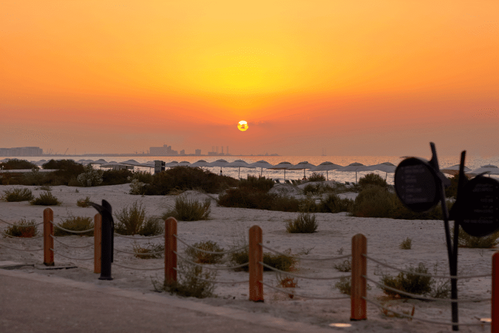 Reflets du coucher de soleil sur les eaux calmes de la réserve de Ras Al Khor avec des oiseaux migrateurs au loin.